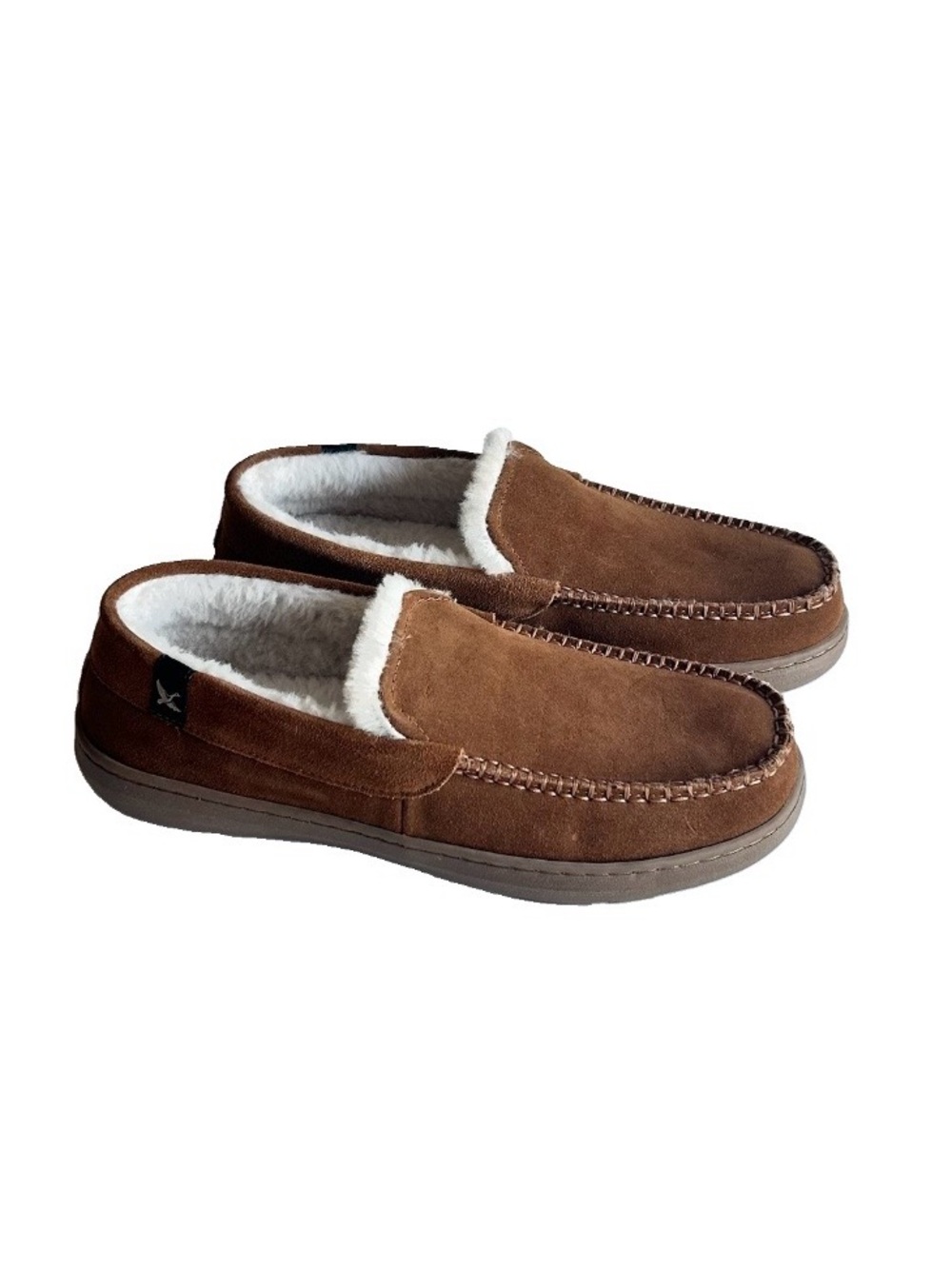 Eddie Bauer Tan Suede White Faux Fur Lining Rubber Outsole Slippers size 10